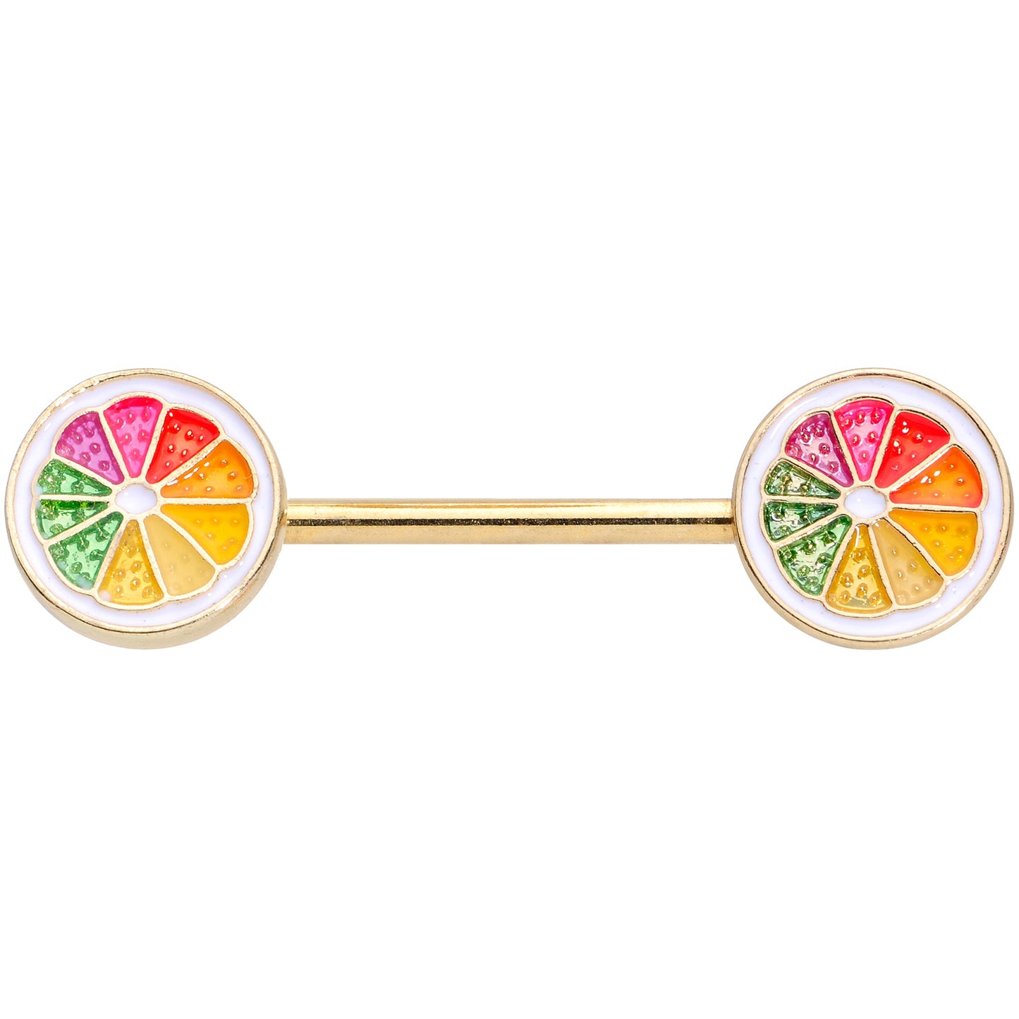 14G 5/8 Gold Tone Rainbow Grapefruit Barbell Nipple Ring Set