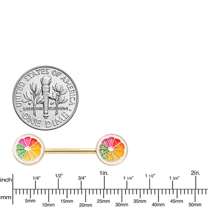 14G 5/8 Gold Tone Rainbow Grapefruit Barbell Nipple Ring Set