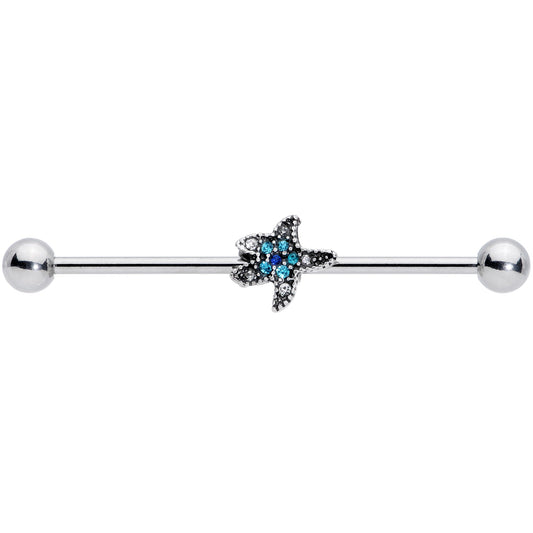 14G Aqua Blue Clear Gem Starfish Industrial Barbell 38mm