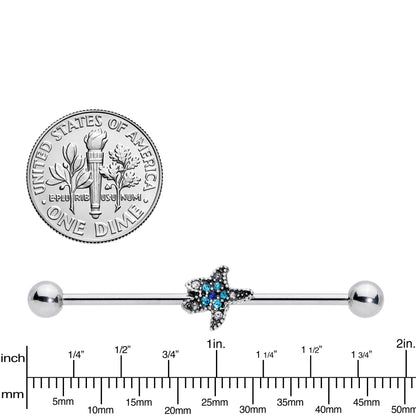 14G Aqua Blue Clear Gem Starfish Industrial Barbell 38mm