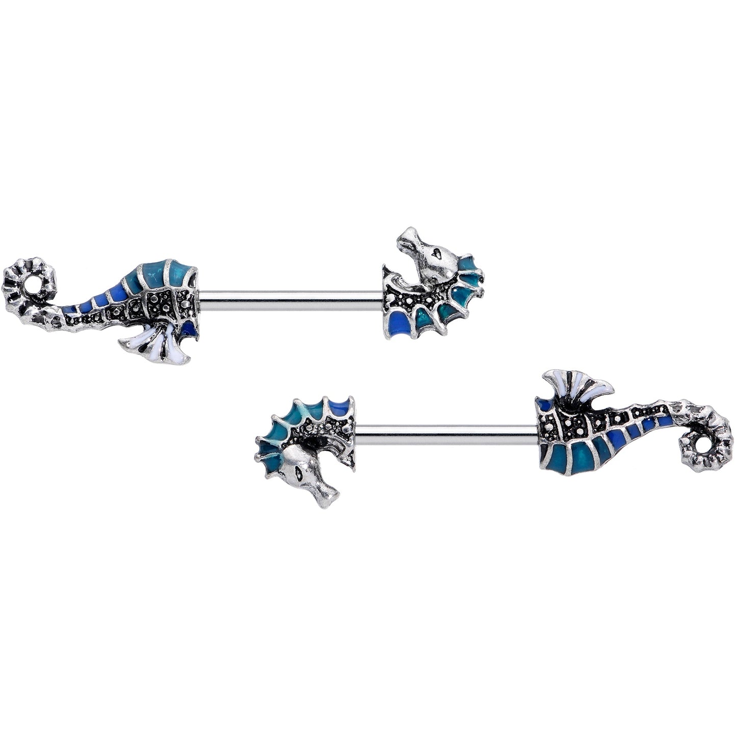14G 9/16 Nautical Seahorse Barbell Nipple Ring Set