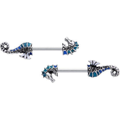 14G 9/16 Nautical Seahorse Barbell Nipple Ring Set