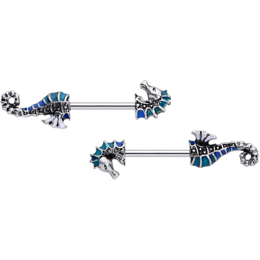 14G 9/16 Nautical Seahorse Barbell Nipple Ring Set