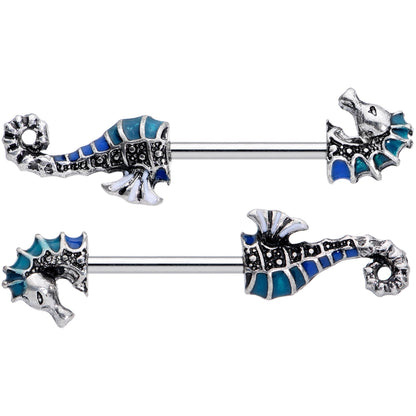 14G 9/16 Nautical Seahorse Barbell Nipple Ring Set