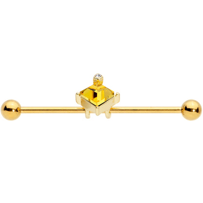 14G Clear Yellow Gem Gold Tone Rhombus Industrial Barbell 38mm