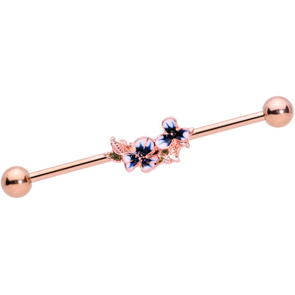 14G Rose Gold Tone Blue Tropical Flower Industrial Barbell 38mm