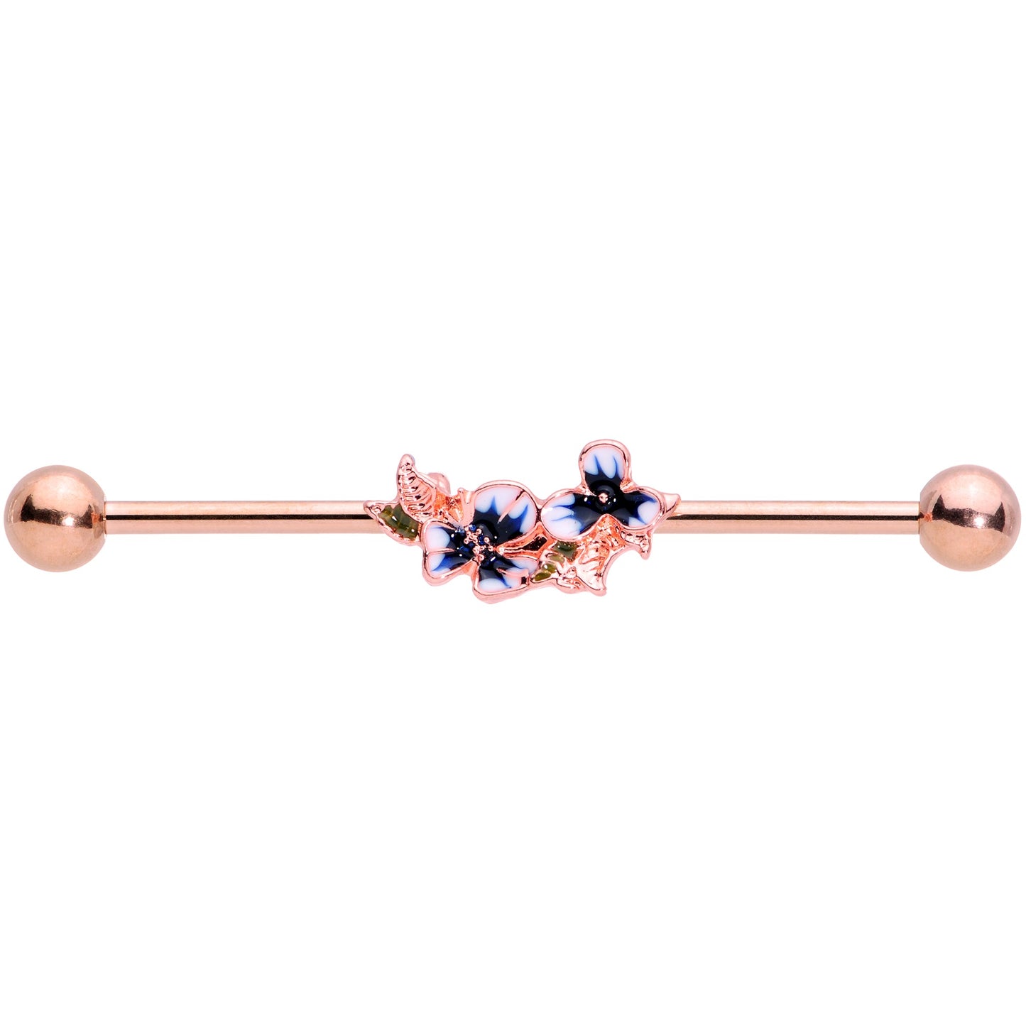 14G Rose Gold Tone Blue Tropical Flower Industrial Barbell 38mm