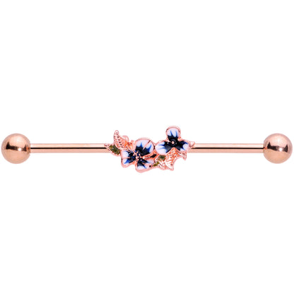 14G Rose Gold Tone Blue Tropical Flower Industrial Barbell 38mm