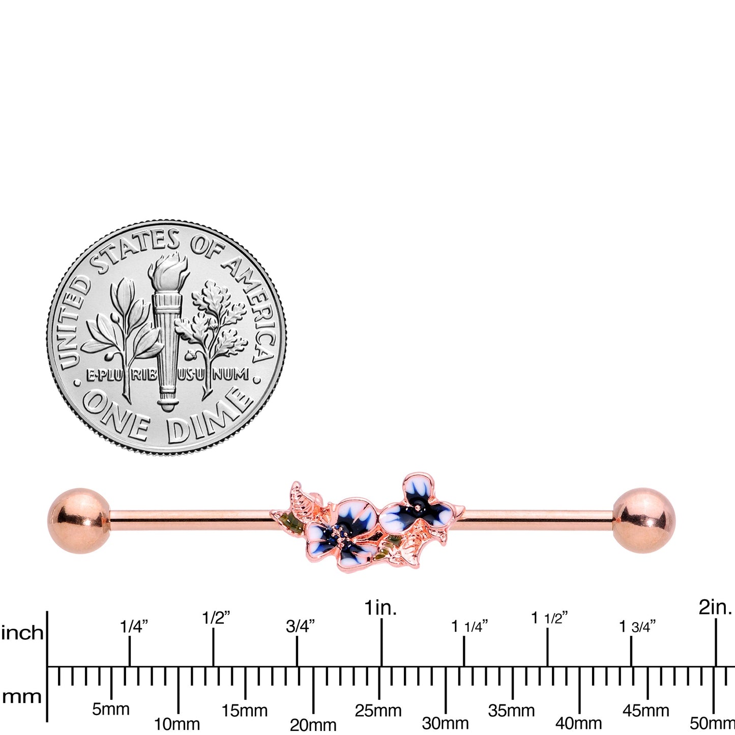 14G Rose Gold Tone Blue Tropical Flower Industrial Barbell 38mm