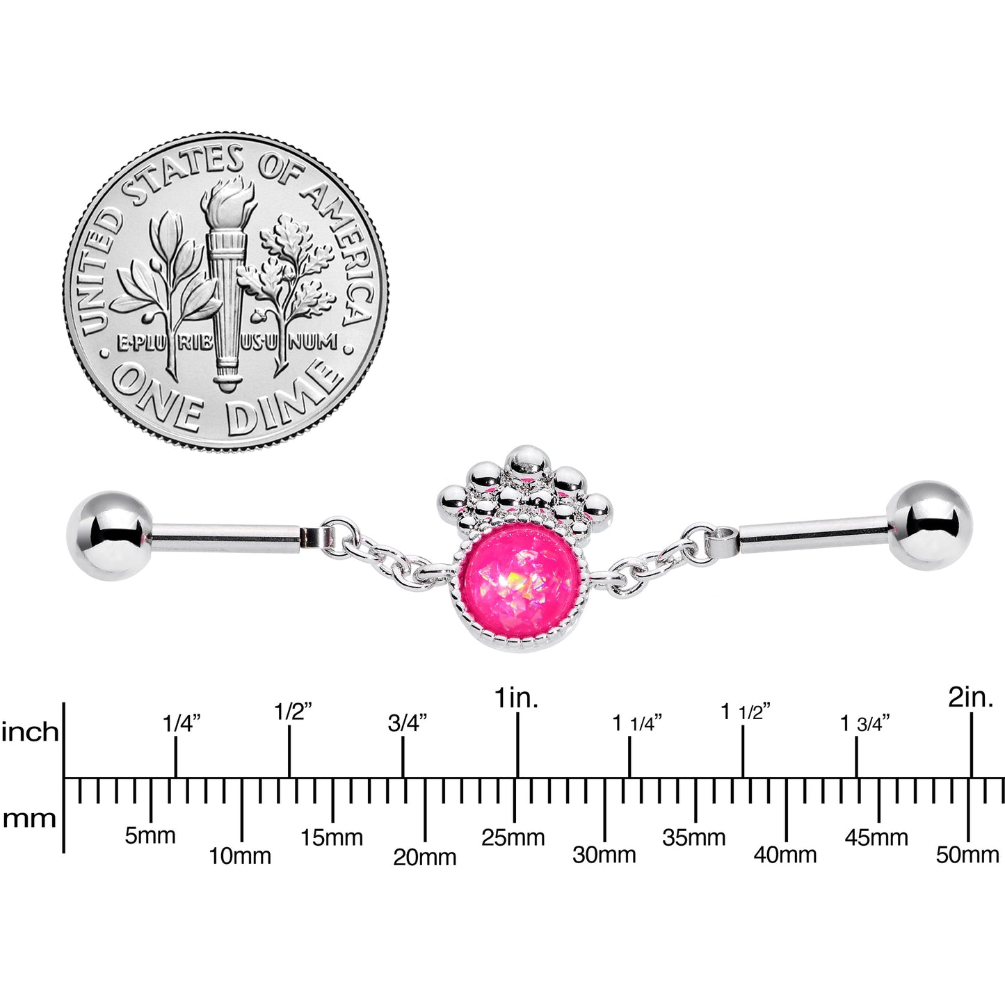 14G Pink Faux Opal Crest Chain Dangle Industrial Barbell 38mm