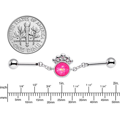 14G Pink Faux Opal Crest Chain Dangle Industrial Barbell 38mm