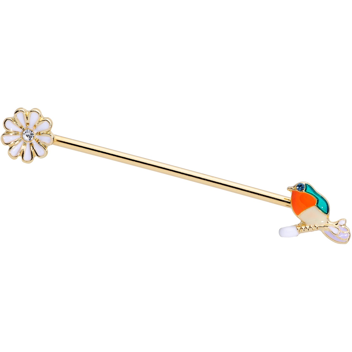 14G Green Gem Gold Tone Perch Bird Industrial Barbell 38mm
