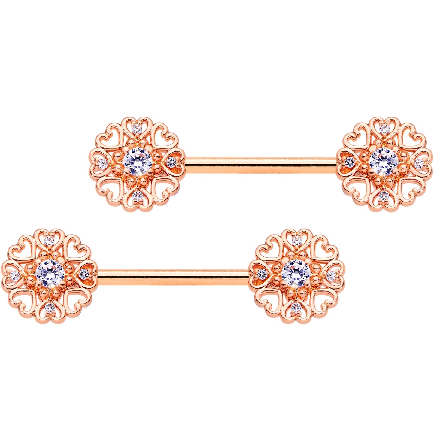 14G 9/16 Clear CZ Gem Rose Gold Hue Heart Barbell Nipple Ring Set