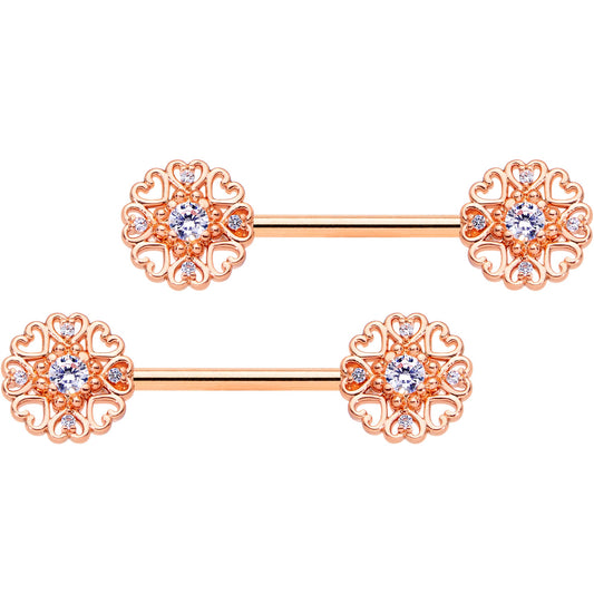 14G 9/16 Clear CZ Gem Rose Gold Hue Heart Barbell Nipple Ring Set