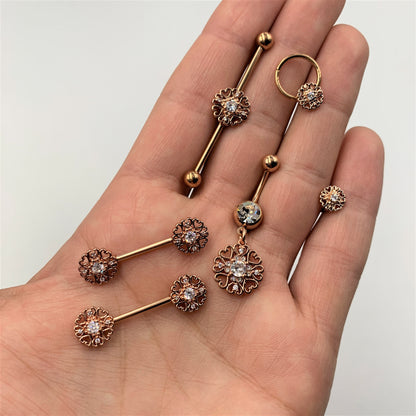 Clear CZ Gem Rose Gold Tone Hearts Dangle Belly Ring