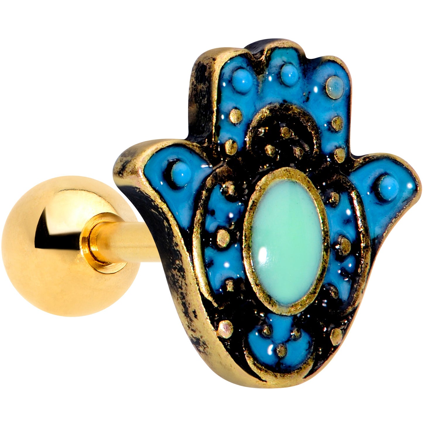 16G 1/4 Gold Tone Aqua Ornate Hamsa Hand Cartilage Tragus