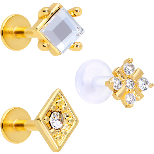 16G 5/16 Clear CZ Gem Gold Tone Geometric Labret Tragus Set of 3