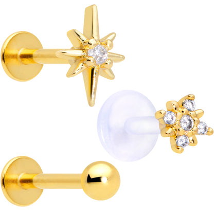 16G 5/16 Clear CZ Gem Gold Tone Stars Labret Tragus Set of 3