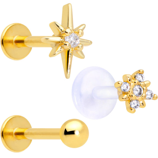 16G 5/16 Clear CZ Gem Gold Tone Stars Labret Tragus Set of 3