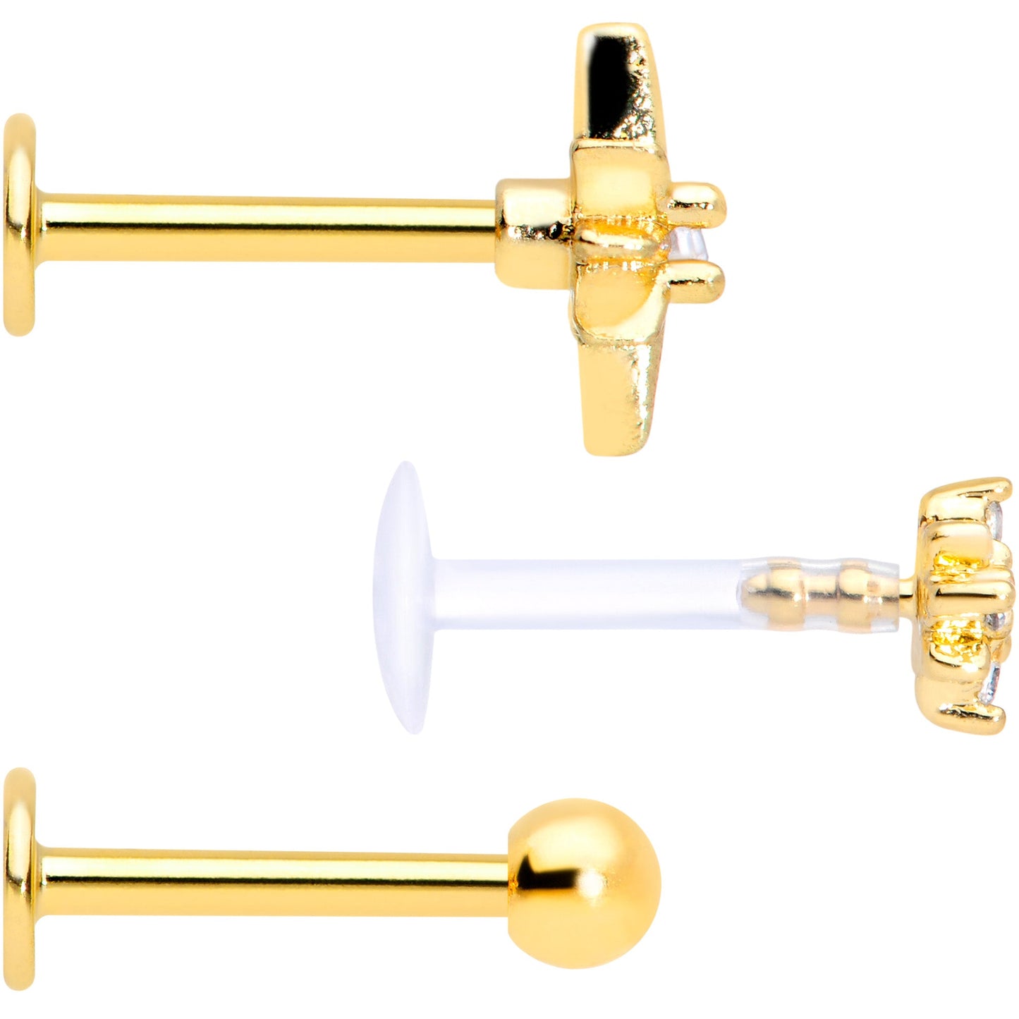 16G 5/16 Clear CZ Gem Gold Tone Stars Labret Tragus Set of 3