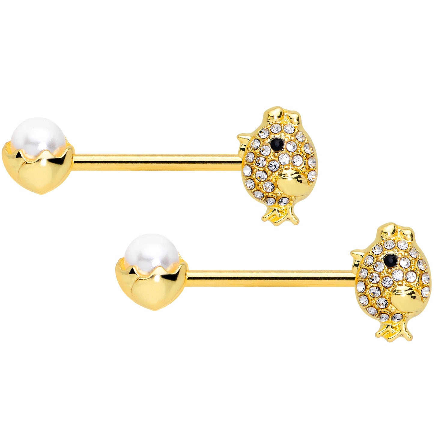 14G 9/16 Clear Gem Gold Tone Egg Chick Barbell Nipple Ring Set