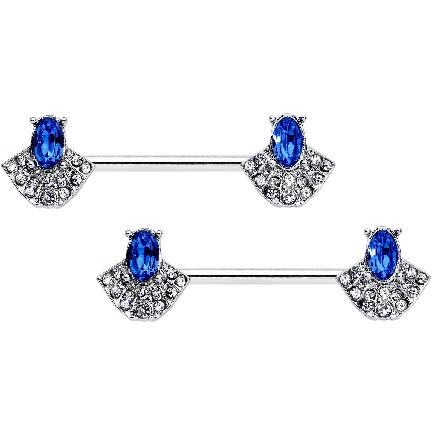 14G 5/8 Blue Clear Gem Art Deco Fan Barbell Nipple Ring Set