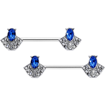 14G 5/8 Blue Clear Gem Art Deco Fan Barbell Nipple Ring Set