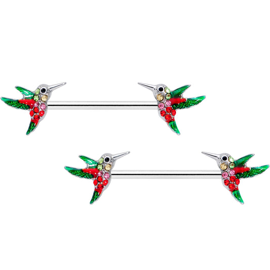 14G 9/16 Red Pink Gem Green Hummingbird Barbell Nipple Ring Set