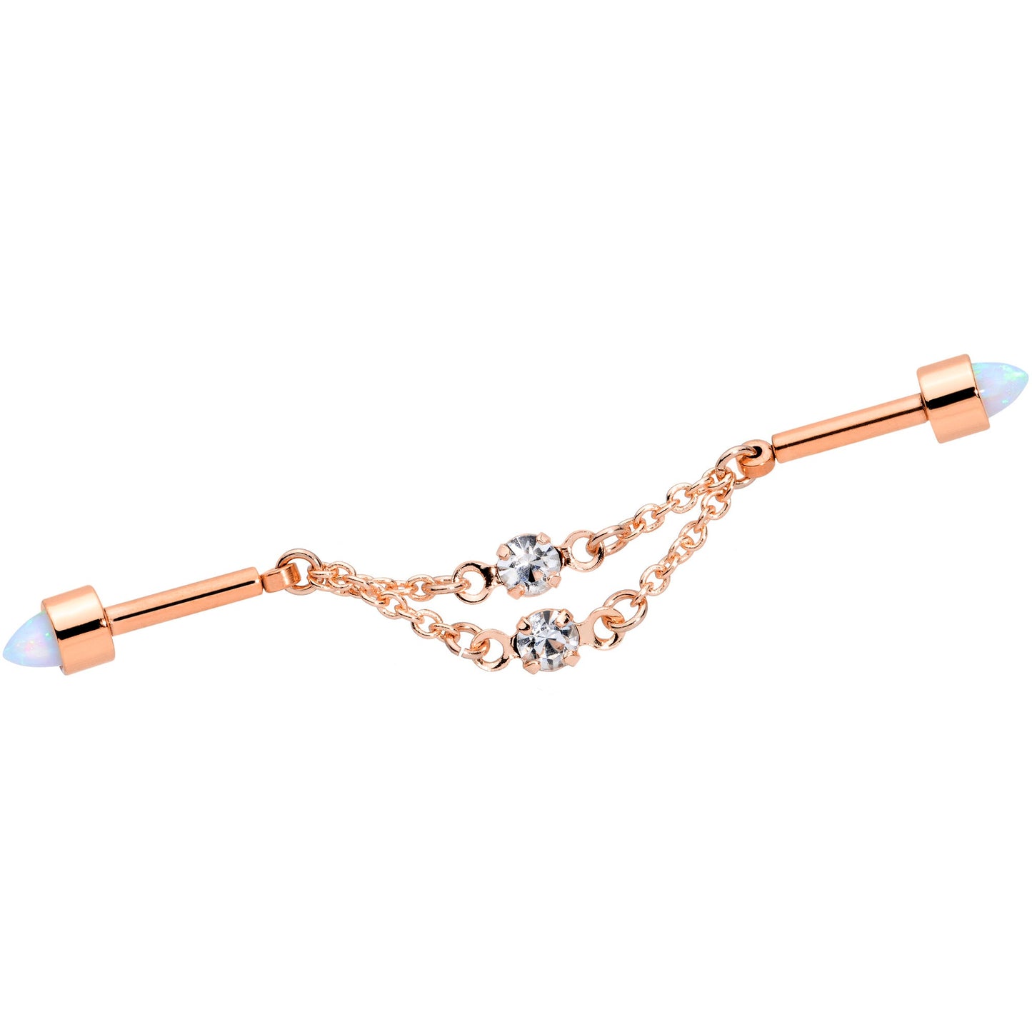 14G White Synth Opal Rose Gold Tone Dangle Double Industrial 38mm