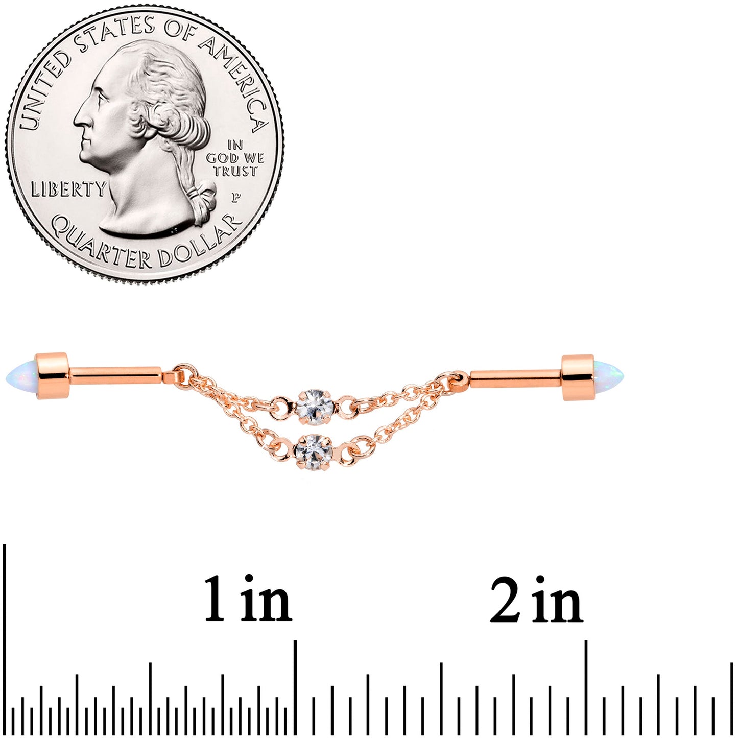 14G White Synth Opal Rose Gold Tone Dangle Double Industrial 38mm