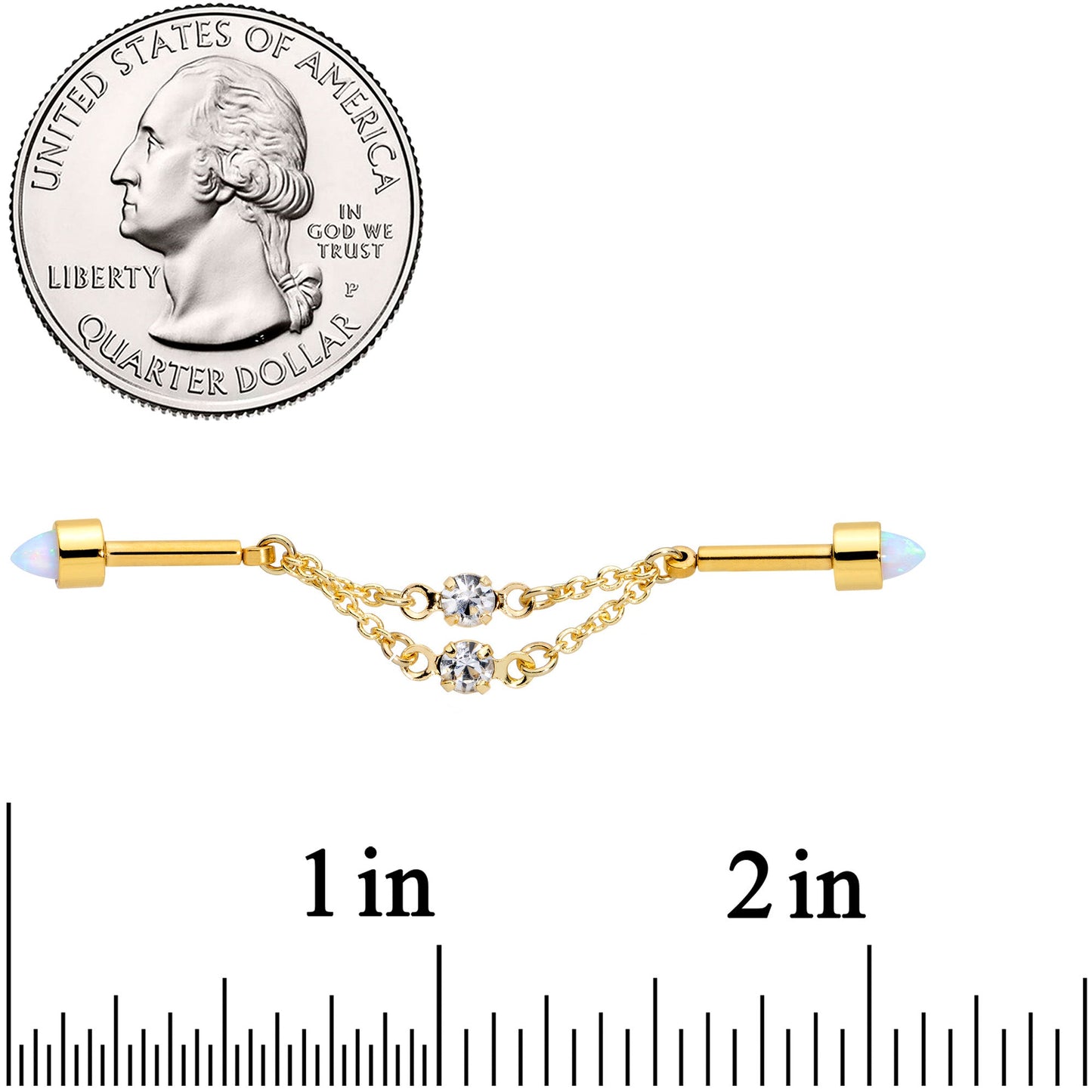 14G White Synth Opal Gold Tone Dangle Double Industrial 38mm