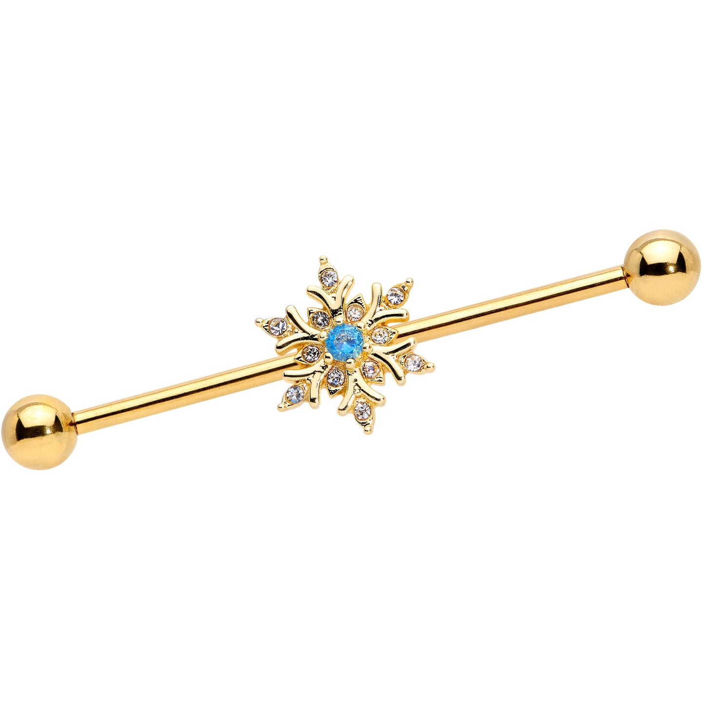 14G Blue CZ Gem Gold Tone Snowflake Industrial Barbell 38mm