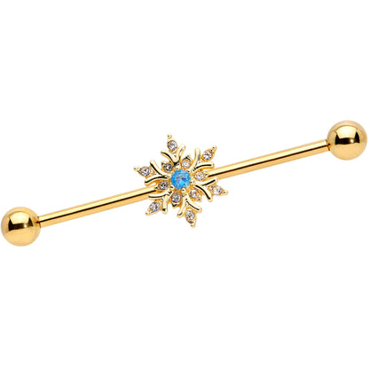 14G Blue CZ Gem Gold Tone Snowflake Industrial Barbell 38mm