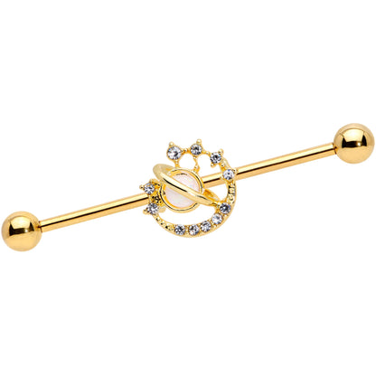 14G Clear Gem Gold Tone Saturn Moon Industrial Barbell 38mm