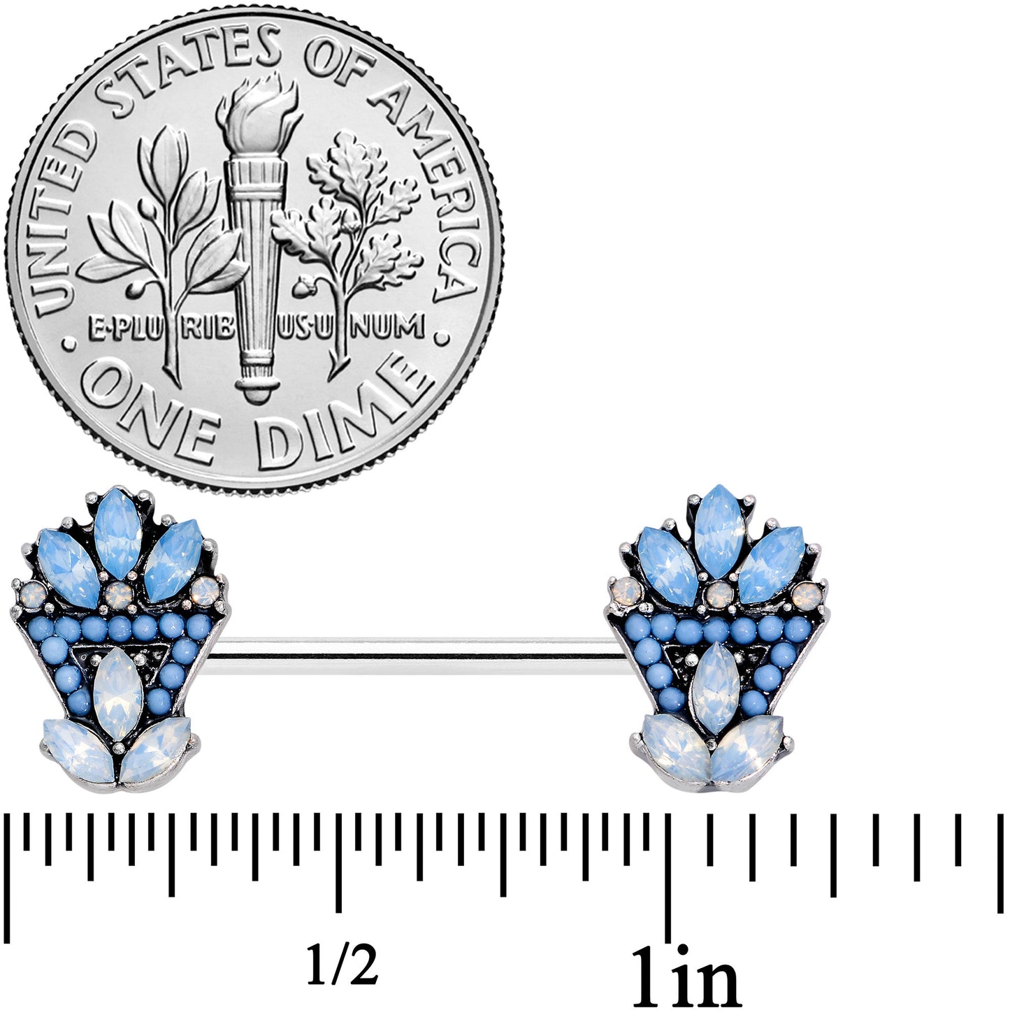 14G 5/8 Blue White Faux Opal Ornate Barbell Nipple Ring Set