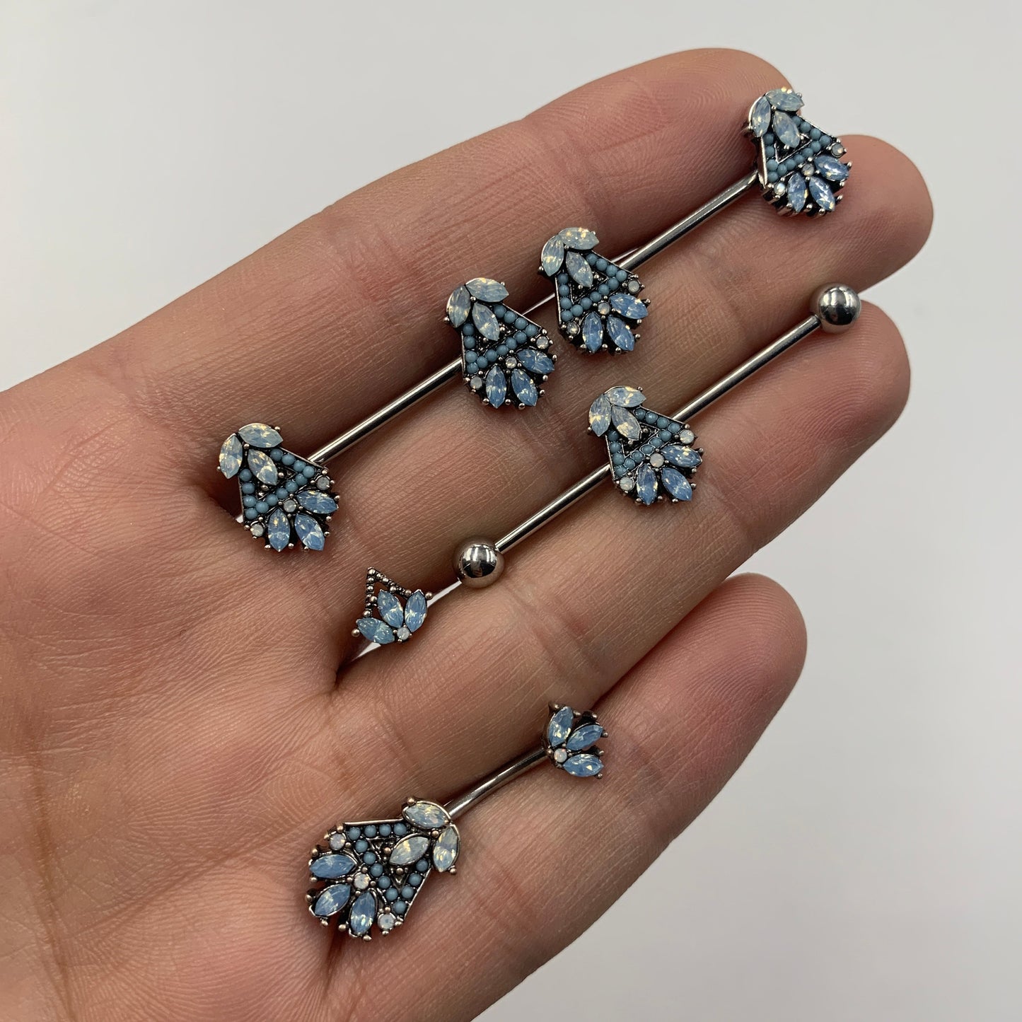 14G 5/8 Blue White Faux Opal Ornate Barbell Nipple Ring Set