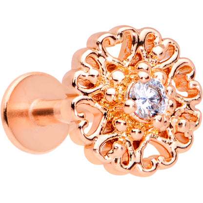 16G 5/16 Clear CZ Rose Gold Tone Hearts Labret Monroe Tragus