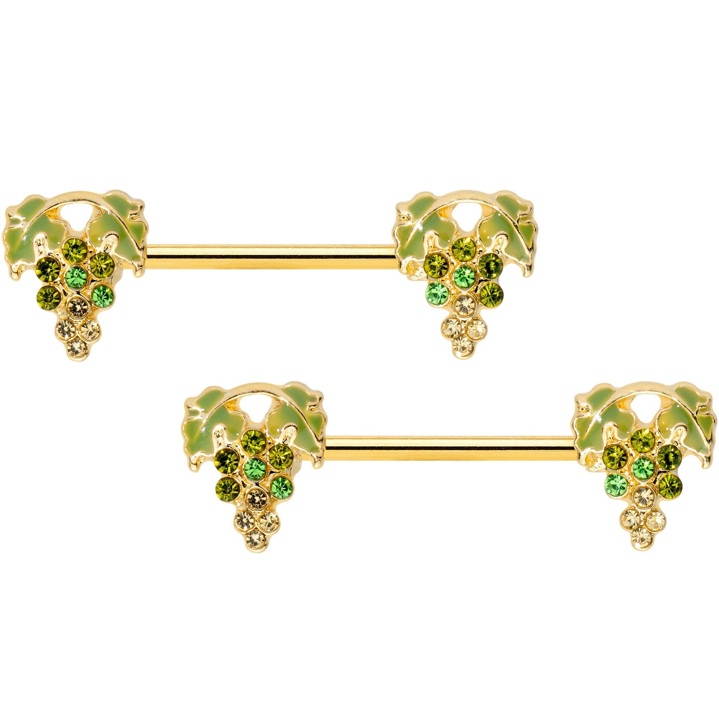 14G 9/16 Green Gem Gold Tone Bunch Grapes Barbell Nipple Ring Set