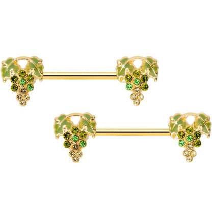 14G 9/16 Green Gem Gold Tone Bunch Grapes Barbell Nipple Ring Set