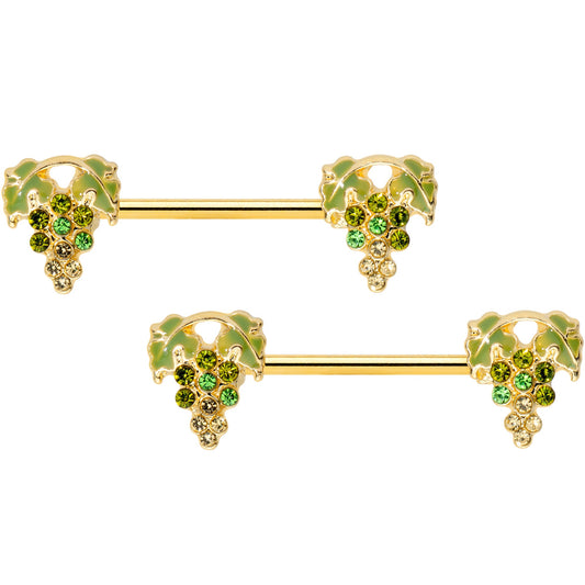 14G 9/16 Green Gem Gold Tone Bunch Grapes Barbell Nipple Ring Set