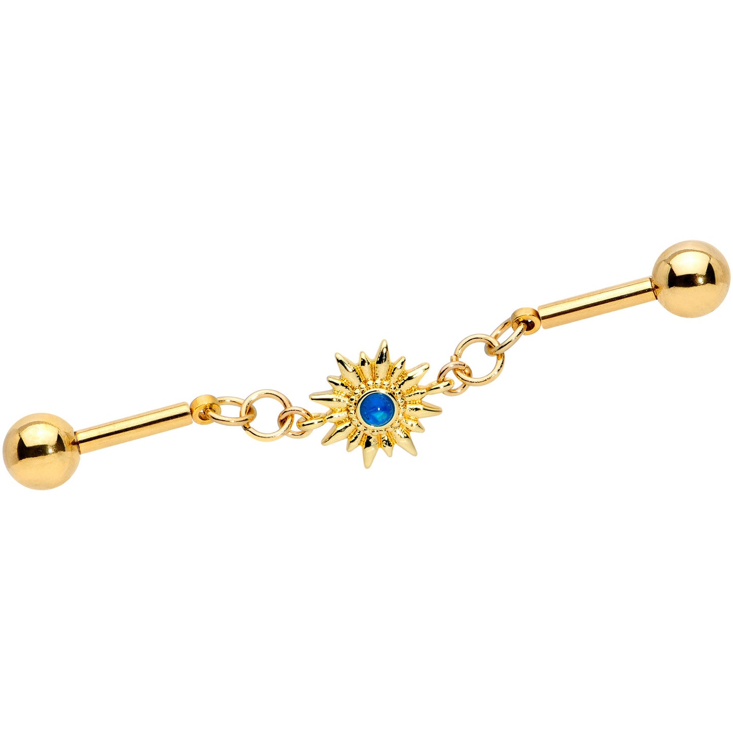 14G Blue Faux Druzy Gold Tone Sun Chain Industrial Barbell 38mm