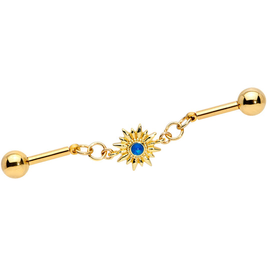 14G Blue Faux Druzy Gold Tone Sun Chain Industrial Barbell 38mm