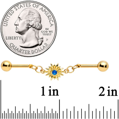 14G Blue Faux Druzy Gold Tone Sun Chain Industrial Barbell 38mm