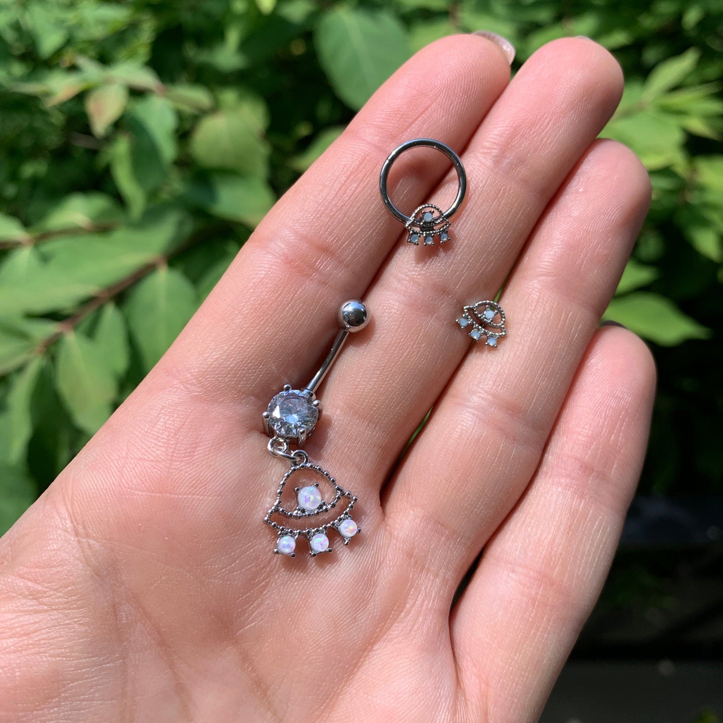 Clear CZ Gem White Faux Opal UFO Dangle Belly Ring