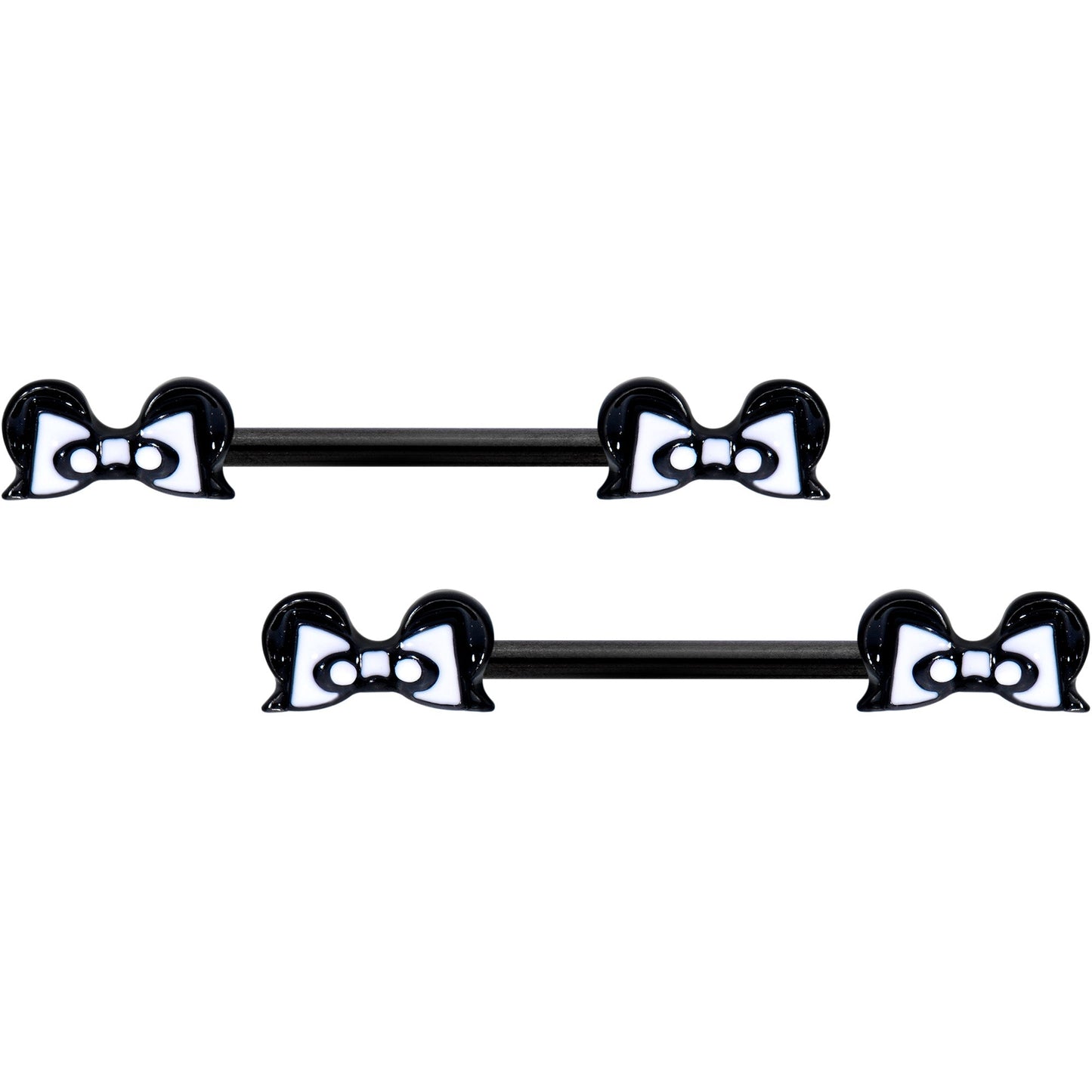 14G 9/16 Black White Formal Bow Barbell Nipple Ring Set