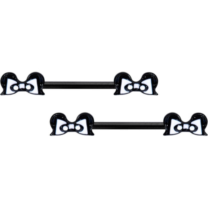 14G 9/16 Black White Formal Bow Barbell Nipple Ring Set