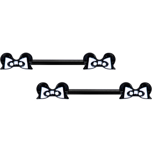 14G 9/16 Black White Formal Bow Barbell Nipple Ring Set