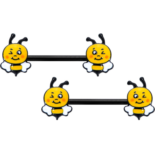 14G 9/16 Black Yellow Winking Bee Barbell Nipple Ring Set