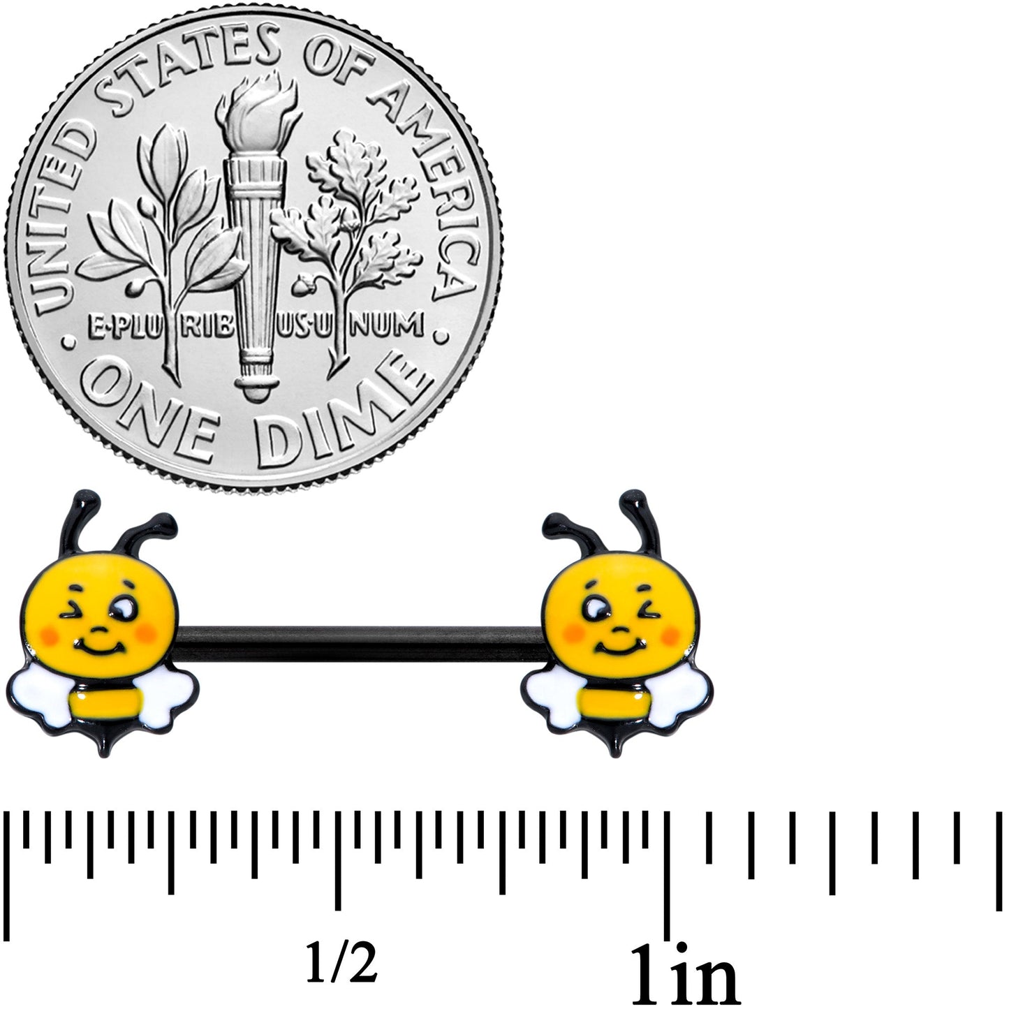 14G 9/16 Black Yellow Winking Bee Barbell Nipple Ring Set