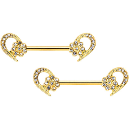 14G 9/16 Clear Gem Gold Tone Flower Heart Barbell Nipple Ring Set